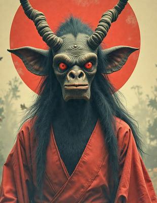 The primary subject of the image is a demonic-looking creature with horns and a red background. The creature is wearing a red robe and has a demonic mask on its face. The setting appears to be a dark, possibly demonic, environment. The visual style of the image is a combination of photo and digital art, creating a unique and eerie atmosphere. The dominant colors in the image are red and black, which contribute to the demonic and ominous mood.